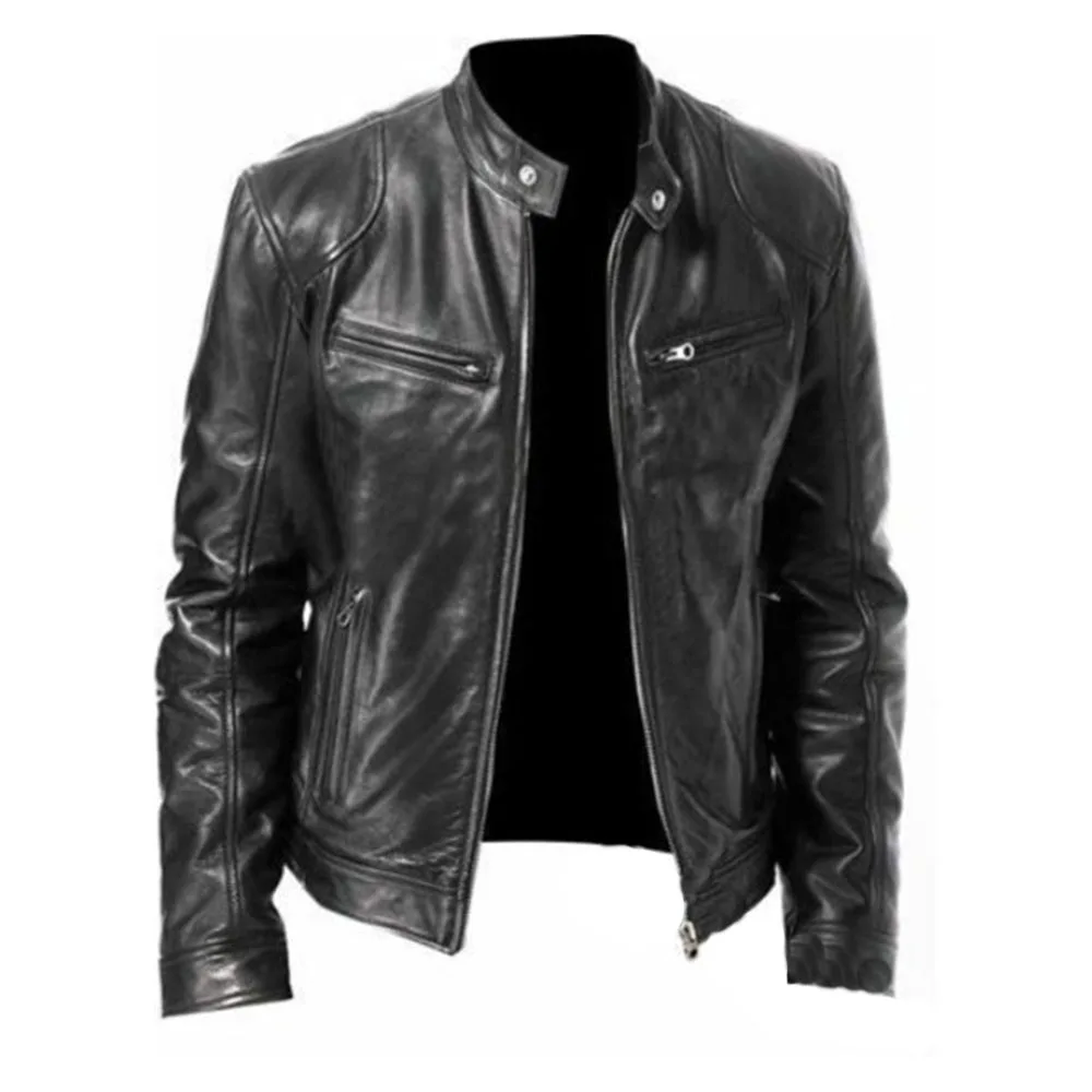 

Men's Stand Collar Jackets Autumn Winter PU Motorcycle Jacket Warm Cardigan Jacket Slim-fit Zip Faux Leather Jacket For Callant
