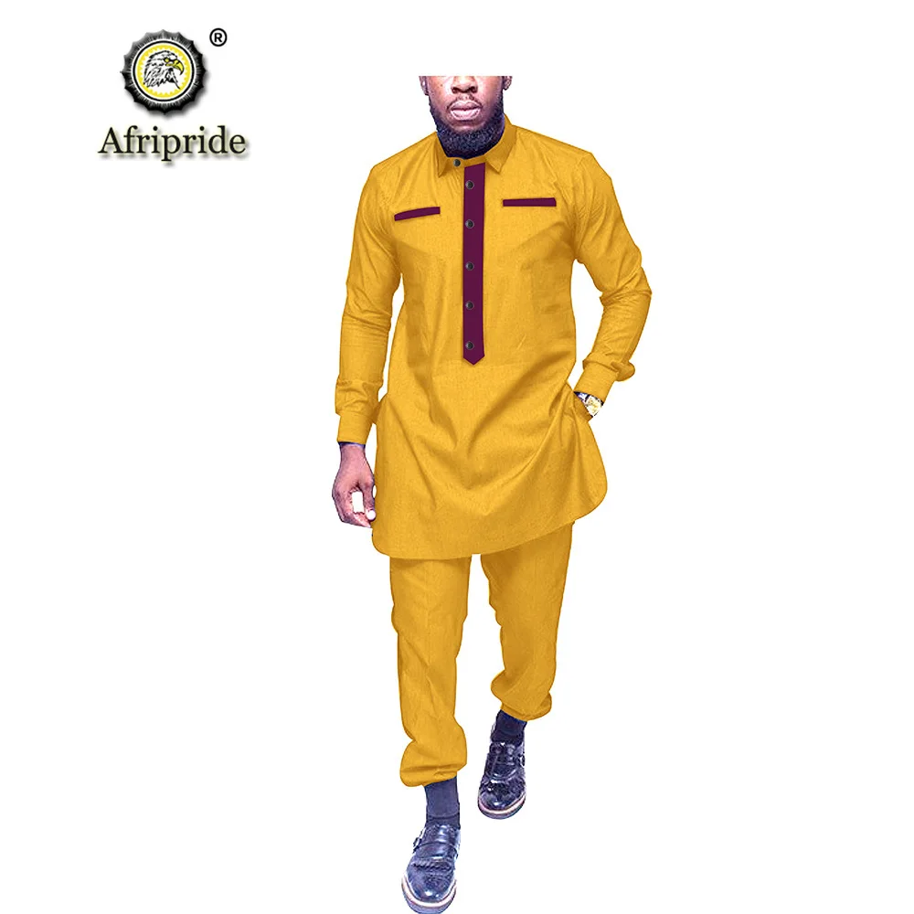 Африканская мужская одежда рубашки-Дашики рубашки и брюки с принтом Блузка для прогулок из чистого хлопка комплект из двух предметов Анкара AFRIPRIDE S1916002