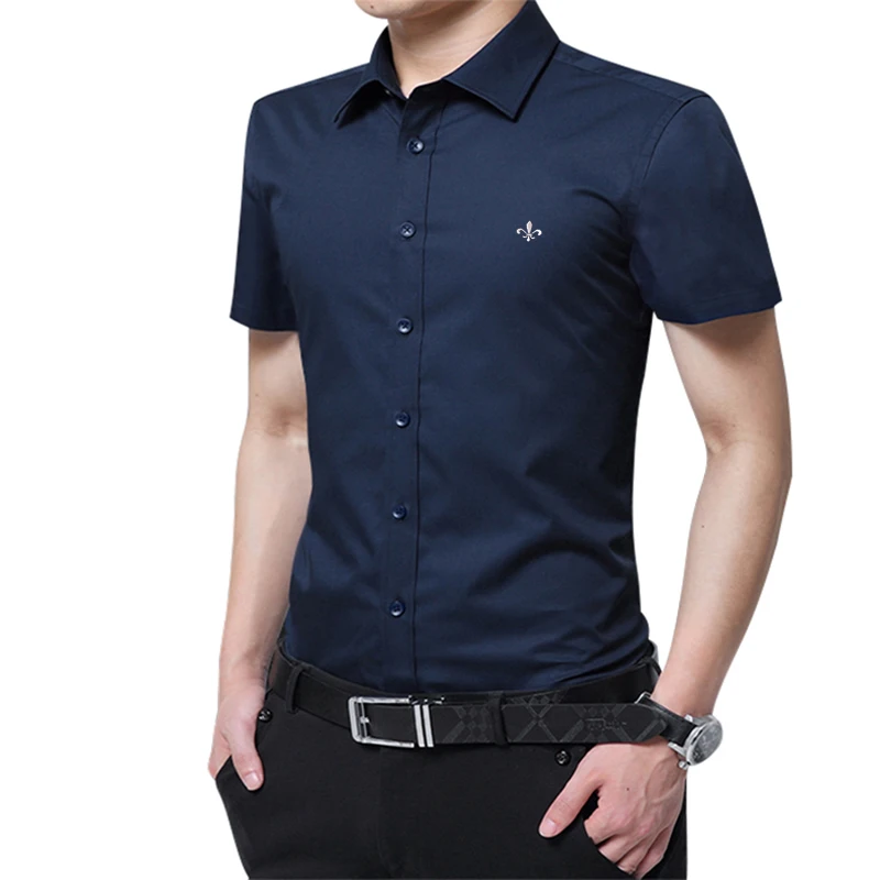 Плюс размер 8XL Dudalina вышивка мода Blusa Camisa Social Masculina короткий рукав Slim Fit рубашка мужская Цветочная Одежда Белый мужской - Цвет: DCZ2618A-NAVY