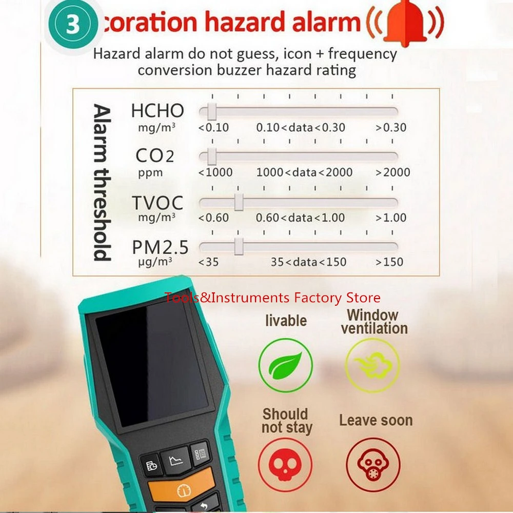 HCHO PM1.0 PM2.5 PM10 CO2 Formaldehyde Gas Monitor VOCs Time Date Data Export History Gas Detector External TF Storage Function