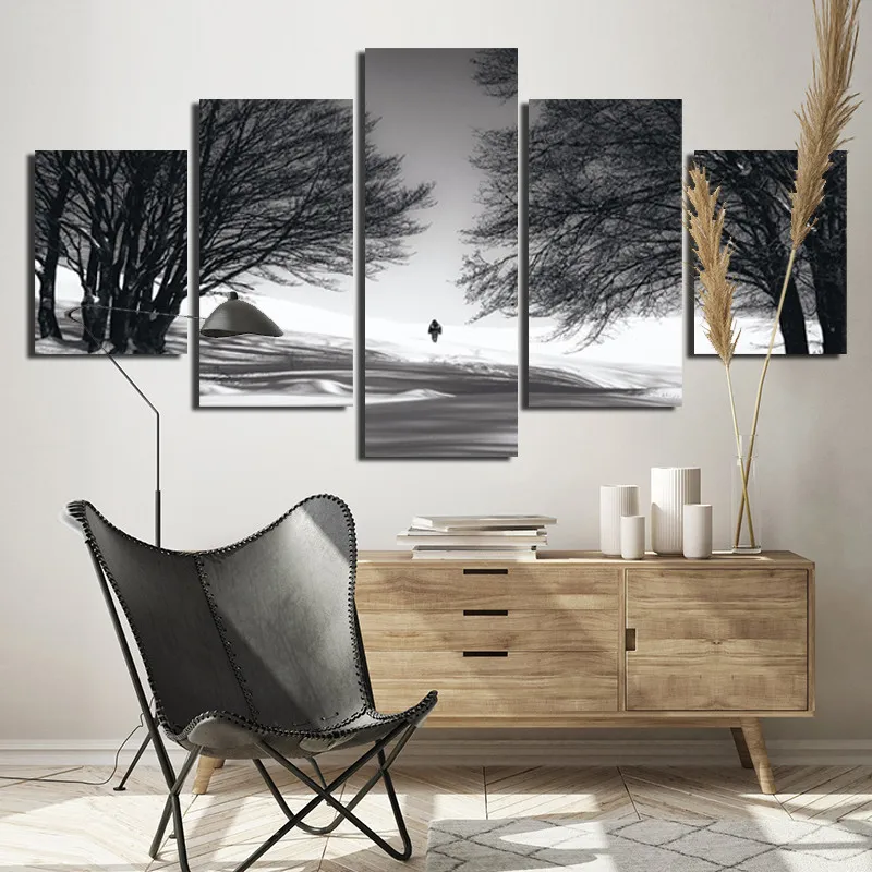 

5pcs Poster Tree And People In The Snow Decoration Waterproof Ink Canvas Painting Customizable Home Decoration
