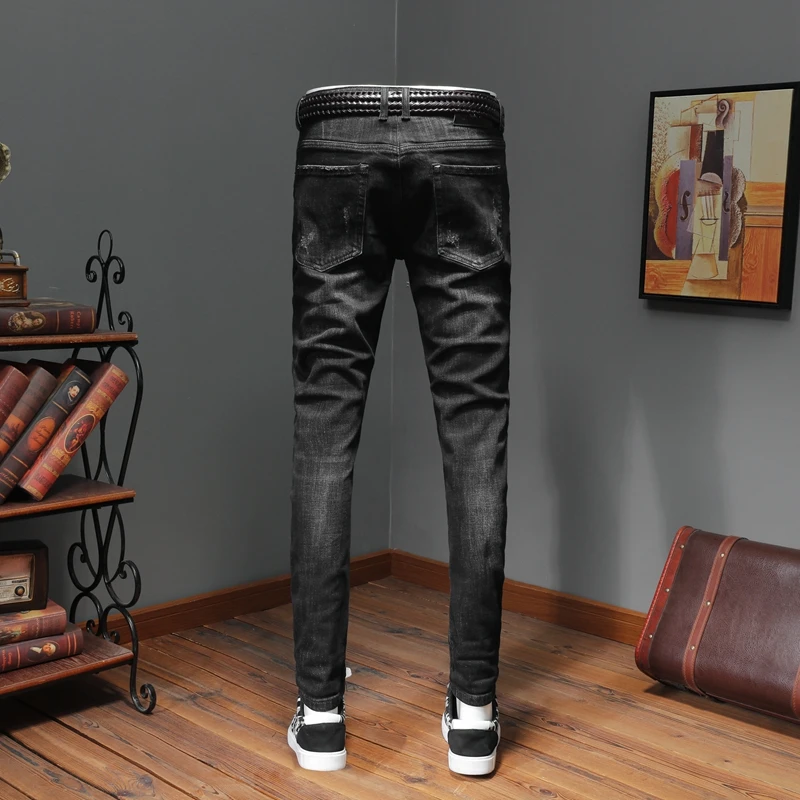 Высокое качество мужские рваные вышитые стрейч облегающие черные джинсы