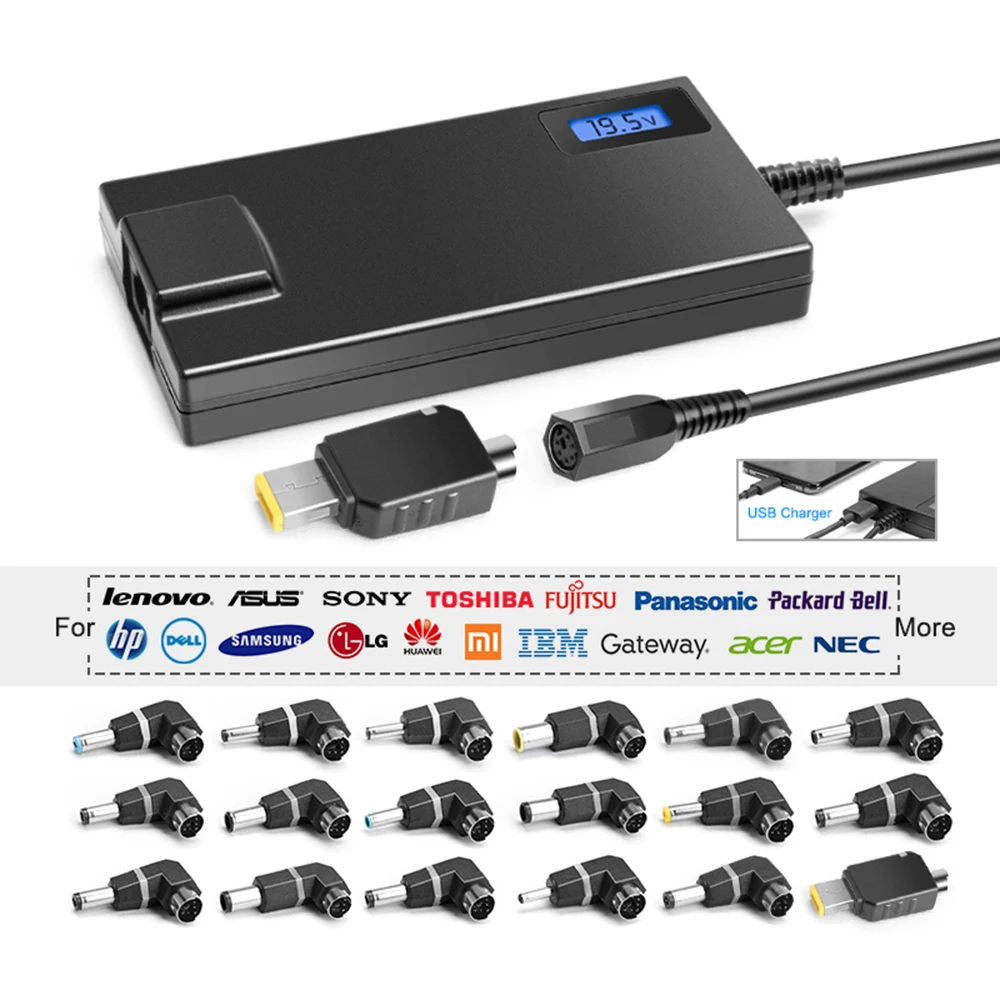 

Multifunctional Universal Power Supply Adapter 90W Universal 2.0 USB Charger Automatically Recognizes 18 Connectors LCD Screen