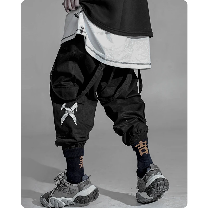 Men's clothes Multi war zone functional wind legged pants large pocket casual Ribbon Harajuku fashion Overalls Street dress 6