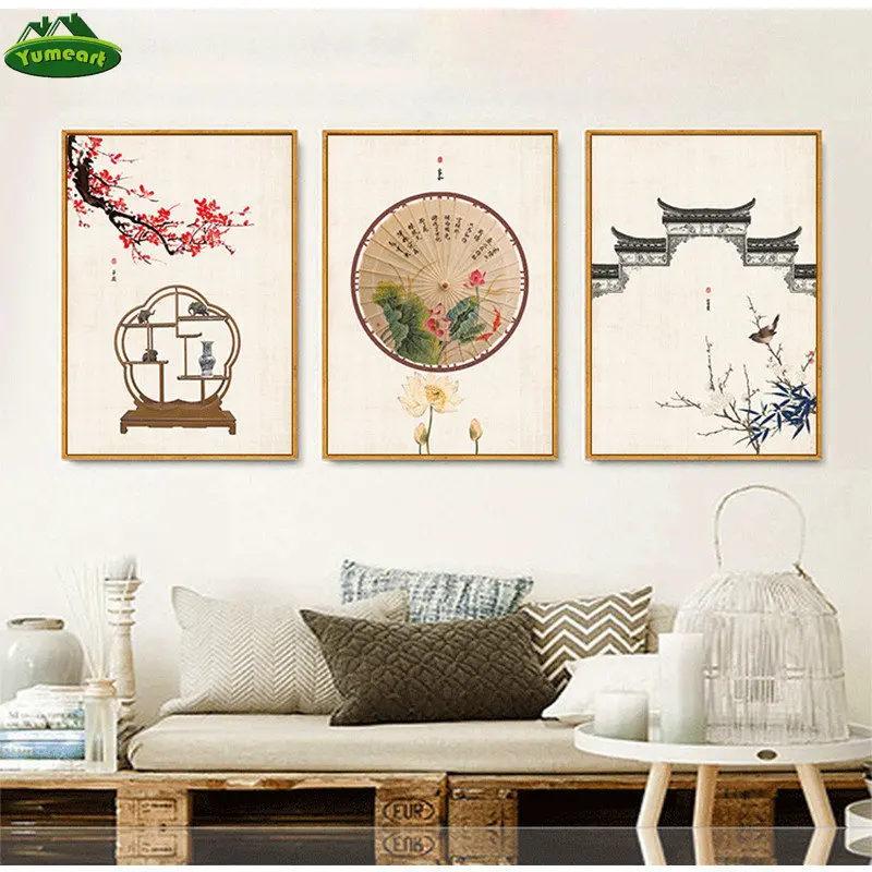 New Chinese Style Prints Posters Wall Art Canvas Paintings Pictures For Living Room Pink Flower and Building Japanese Decor | Дом и сад
