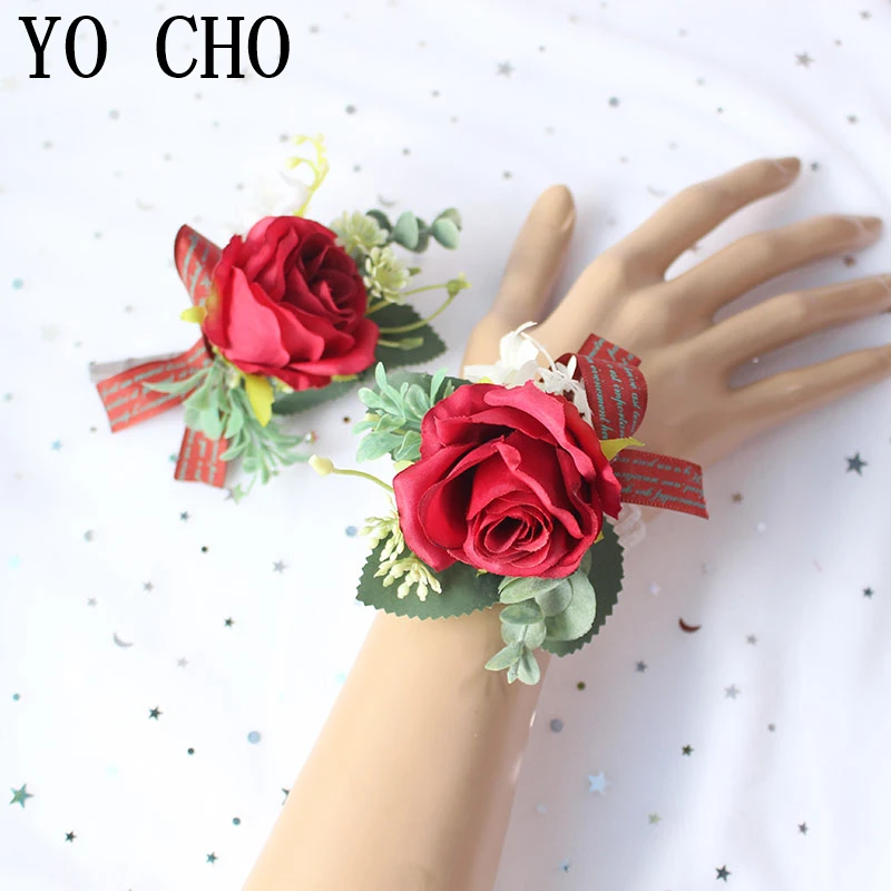 15070--wedding wrist corsages boutonnieres bridal groom marriage pink red roses flower (13)