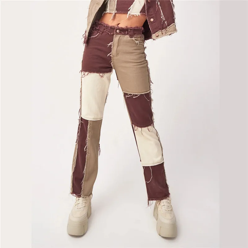 

Autumn Patchwork High Waist Straight Denim Pants Women Casual Skinny Ripped Jeans Capris Pocket Long Trousers Ladies Streetwear