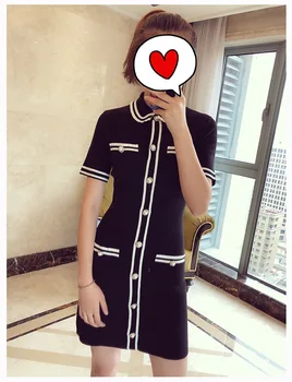 

Women Dress 2019 Autumn / Winter Slim Fit Pearl Buckle Simple Contrast Short Sleeve Dress