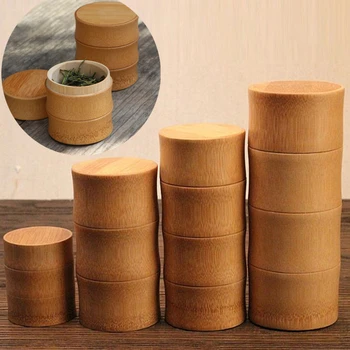 

Small Bamboo Storage Bottles Kitchen Tea Container Jar Cans Case Organizer Spice Round Caps Seal Box Canister For Bulk Products