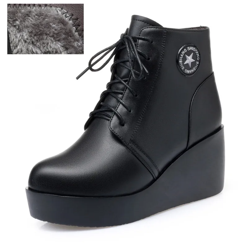 Black fluff Новинка года; женские зимние ботинки из натуральной кожи; женские зимние ботинки на платформе и высоком каблуке с рифленой подошвой - Цвет: Black fluff