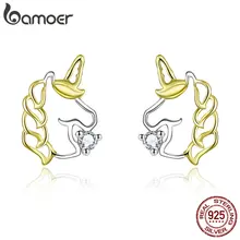 Bamoer эскиз линии Единорог Biocolor серьги гвоздики для девочек удачи животных таинственный 925 пробы серебряные модные ювелирные изделия BSE234