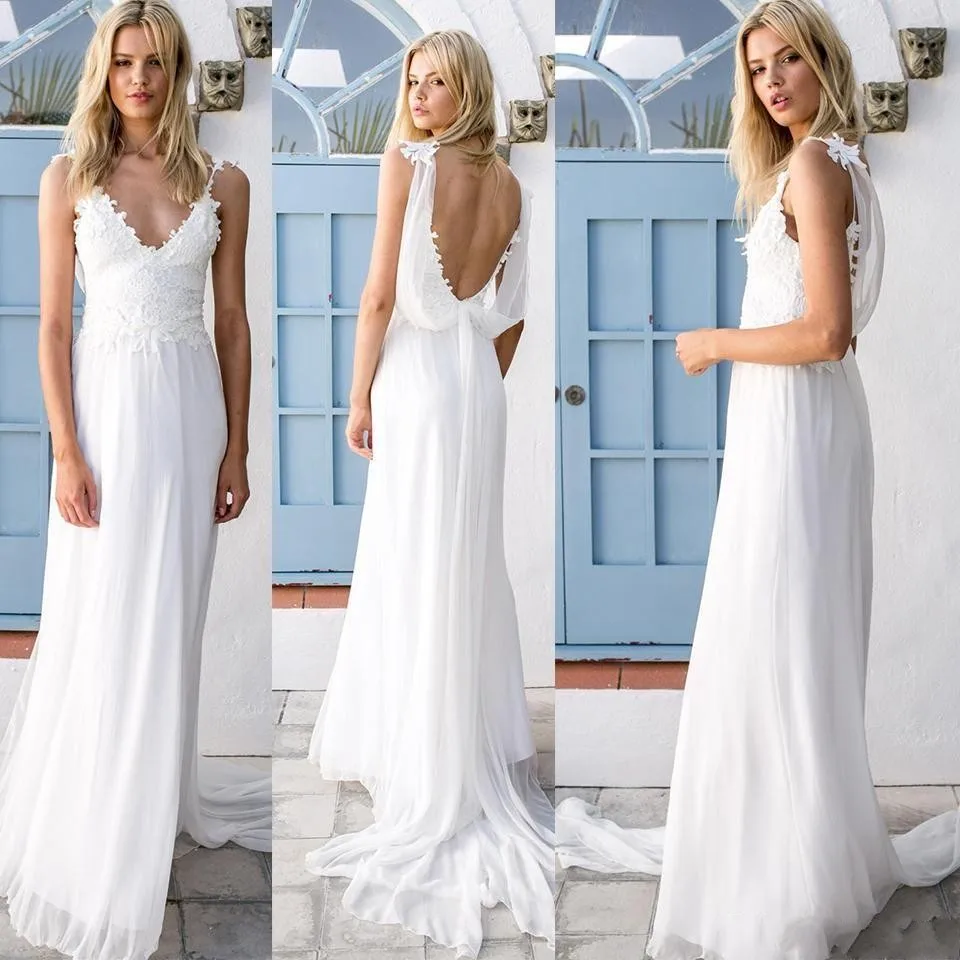 

2020 Sexy Bohemian Wedding Dresses Lace Chiffon Backless A-Line Beach Bridal Gowns Vintage Boho vestidos de noiva