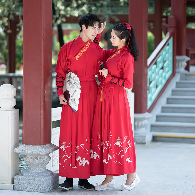 Красный Вышивка Hanfu для женщин и мужчин китайские танцевальные костюмы народная фея платье праздничный наряд Свадьба рейв представление одежда DC3179