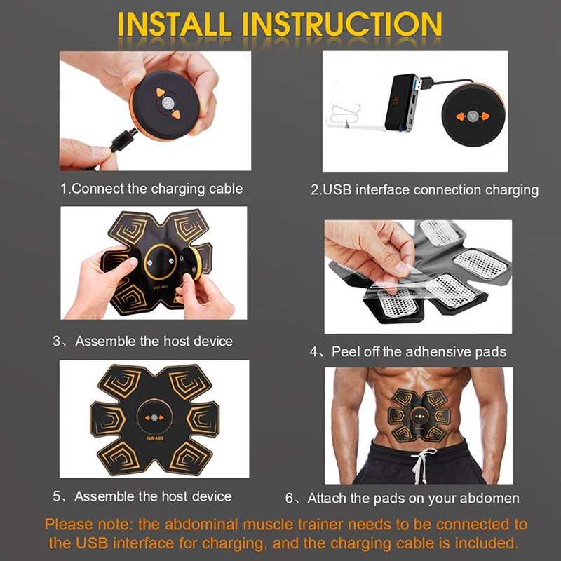ABS Stimulator Muscle Trainer Toner Rechargeable For Men Women Abdominal Workout Muscle Training Gear Gym Home Fitness Equipment