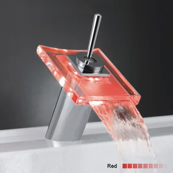 

Colorful LED Waterfall Basin Faucet Colorful Temperature Control Color Changing Waterfall Faucet All Copper Body