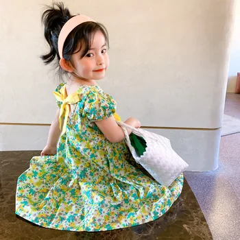 

2020 Summer Girls Cotton Floral Princess Dress Toddler Puffed Sleeves Back Bow Knot Fashion Dresses Children Casual Clothes