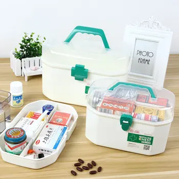 

First Aid Kit Box Organizer Small Double Layer Box Container Plastic Hand Chest For Household Indoor 2 Color Pill Storage Case
