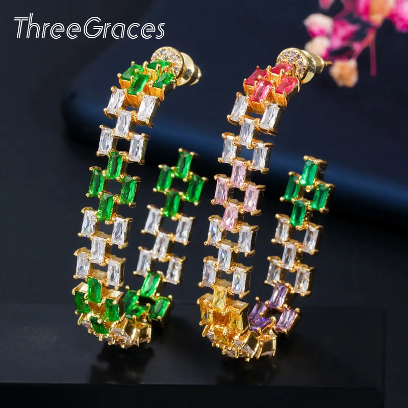 ThreeGraces трендовые зеленые красные красочные фианит, циркон, кристалл квадратные большие полые 585 золотые серьги-кольца для женщин аксессуары ER364