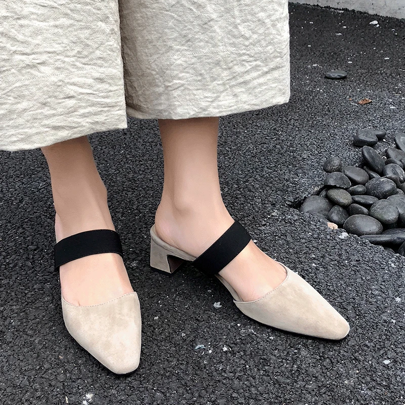

2019 Spring New Style Outer Wear Semi-Closed-toe Mules Shoes Genuine Leather Chunky-Heel Half Lazy A- line with Semi-high Heeled