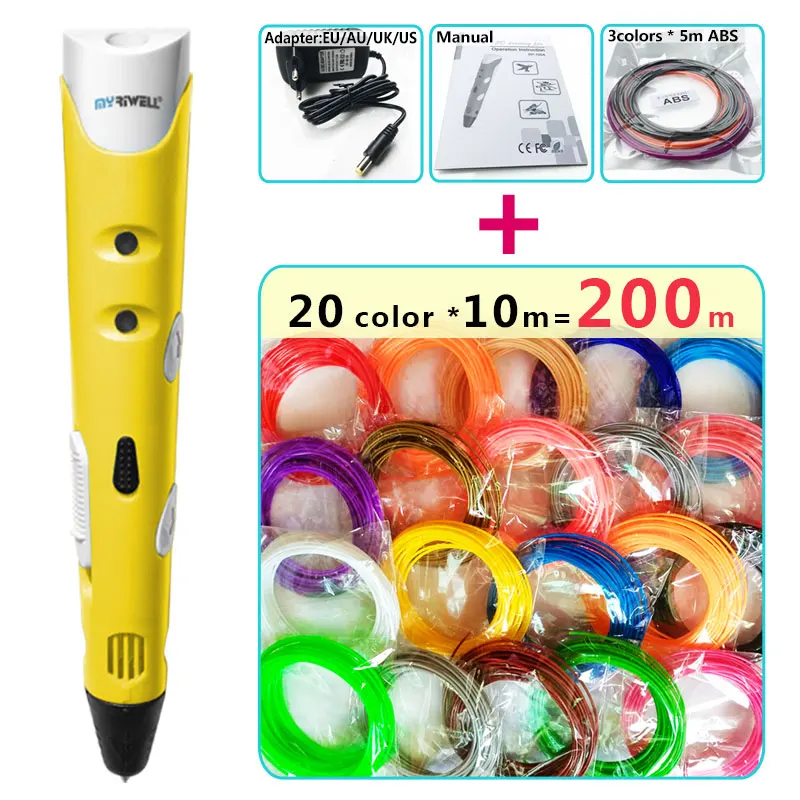 Myriwell 3d Ручка 3d ручки, 1,75 мм ABS/PLA нити, 3 d ручка подарок на день рождения ребенка, 3d печать pen3d модель - Цвет: and 20color 10m silk