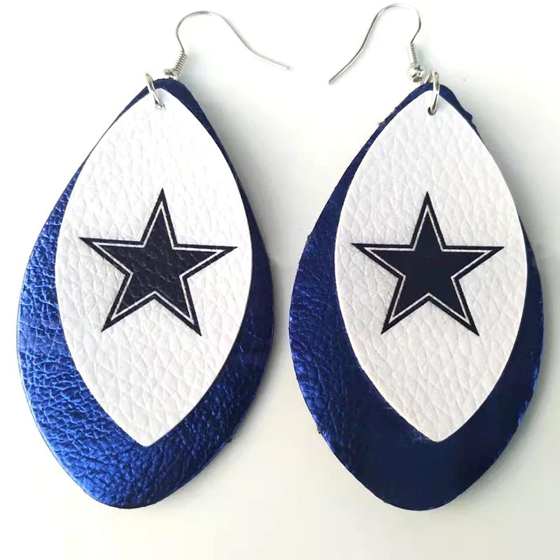 New! Dallas Cowboy Double Layer Glitter Football Fans Faux Leather Earrings Fahion Teardrop Leaf Earrings We Can Customize Stock