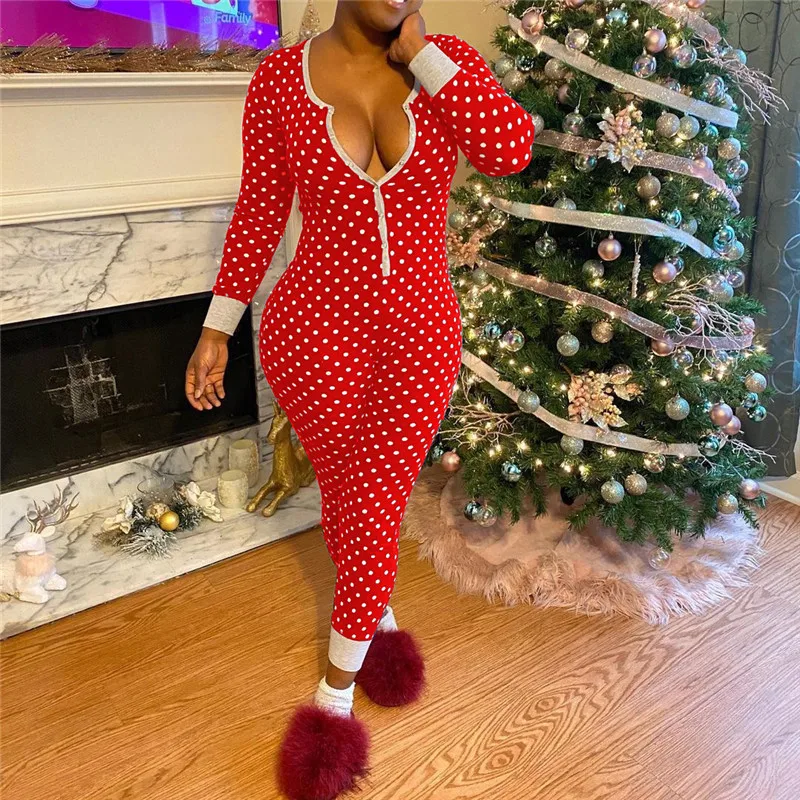AVV Casual Women V Neck Buttons Polka Dot Printing Christmas Long-Sleeved Pajamas Jumpsuit Skinny Fall Winter One Piece Onesies |