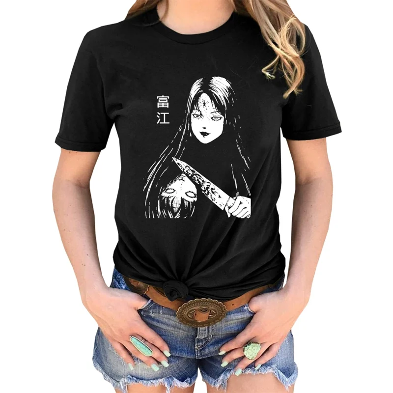 JUNJI ITO Tshirt Women Tomie Printed Horror Manga Uzumaki Anime Tees evangelion akira shintaro kago