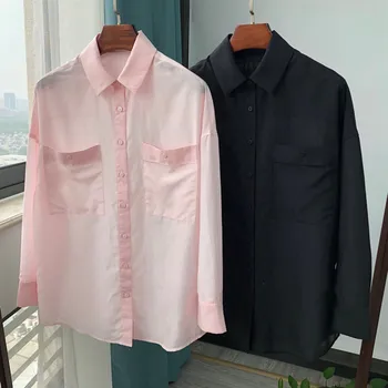 

Women's Silk and Cotton Blouse Pink Black Long Sleeve Double Pockets Turn-down Collar Loose Office Lady Tops and Shirt