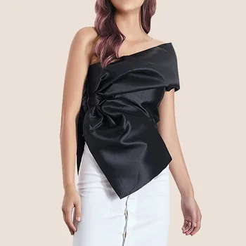 

OUSHANG Slim Slant Neck Zipper Personality Irregular Shiny Solid Color Blouse 2020 Spring New Bow Tie Neck Shirt Top Women