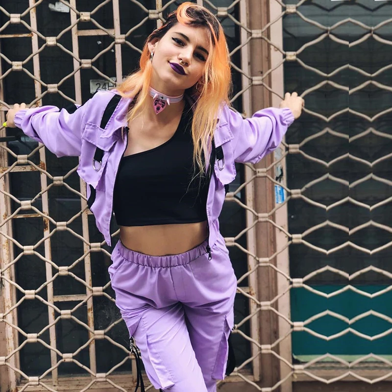 HEYounGIRL Повседневный неоновый костюм из двух частей для женщин Harajuku укороченная куртка и брюки карго наряды Дамы Соответствующие наборы уличная одежда