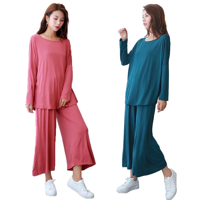 

Loose Women Pijamas Nine Point Wide Leg Pants Set Bit Cotton Pyjamas Long Sleeve Top Two Piece Pajamas Home Wear Loungewear