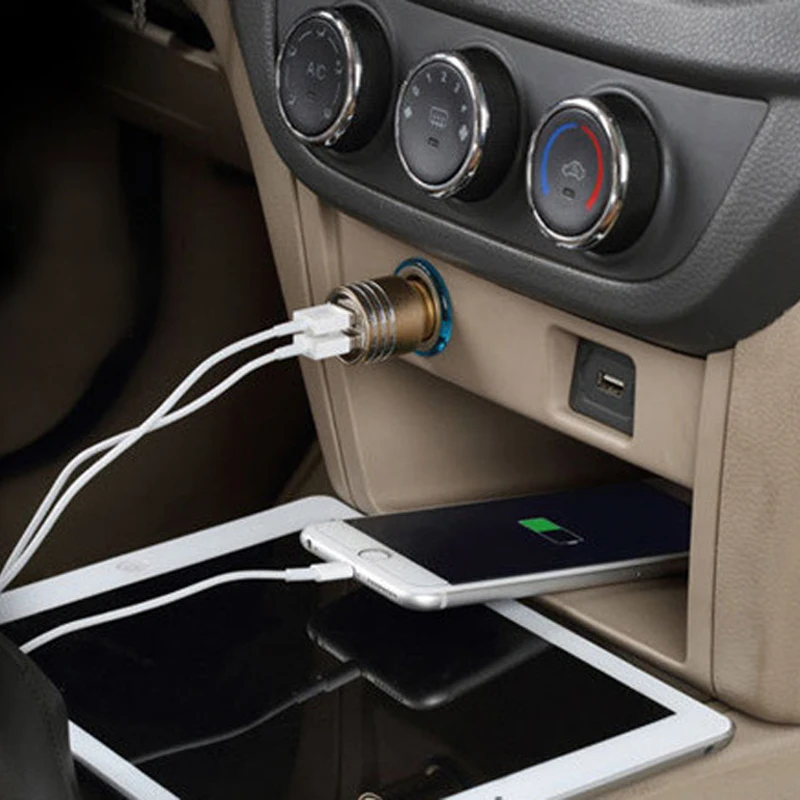 Двойной Переходник USB для зарядки в машине 2.1A Авто Автомобиль Алюминиевый сплав металлическое зарядное устройство для смартфона мобильного телефона планшета