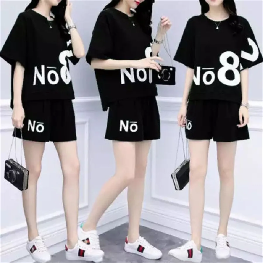 

Casual Tracksuit Women Two Piece Set Summer T-Shirts And Shorts sets Solid Color Print Short Sleeve Top Tees Female Suits M-5XL
