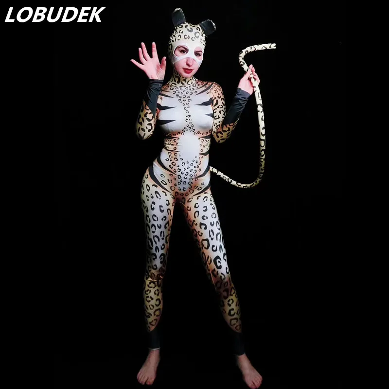 Костюм для косплея на Хэллоуин, для клуба, вечеринки, Леопардовый узор, маскарадный комбинезон для женщин, костюм кошки, костюм для ролевых выступлений, колготки, одежда для сцены