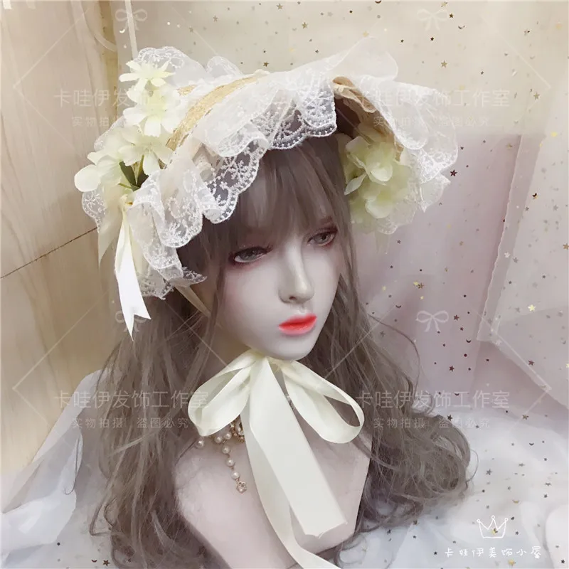 7Colors Retro Lolita Straw Hat Flat Mori Girl Summer Gorgeous Elegant Princess Tea Party Lace Bow Flower Bonnet Bnt | Тематическая