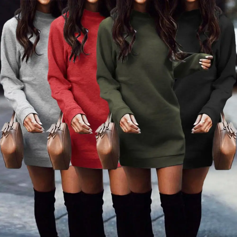

Autumn Womens dresses Causal Winter Solid Color O-Neck Long Sleeve Sweater Bodycon Mini Dress Sweatshirt female Tops Dress