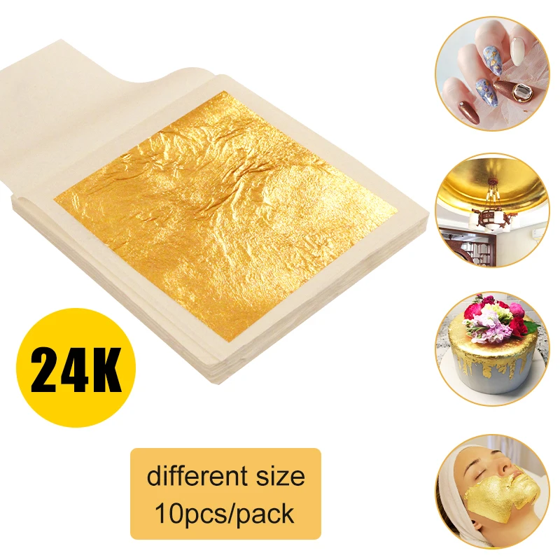 24K Edible Gold Leaf Pure Genuine Gold Leaf Foil Sheets for Wine Drink Cake  Decoration Arts Crafts Painting Skin Care 10pcs/Bag