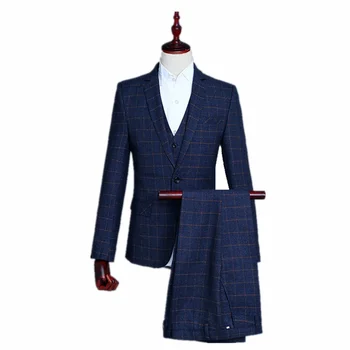 

High Quality Plaid Pattern Men Business Suits Three-piece Suit Meeting Wedding Party Dating