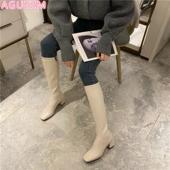 

2020 New winter keep warm Leather Women Knee High Boots Square Toe women Shoes Ankle boot Women Long High Heel Black Ladies