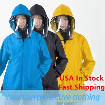 

USA Fast Shipping Unisex Washable Protective Suit Isolated Clothing Jacket Hat With Mask Waterproof Removable Mask Clothes