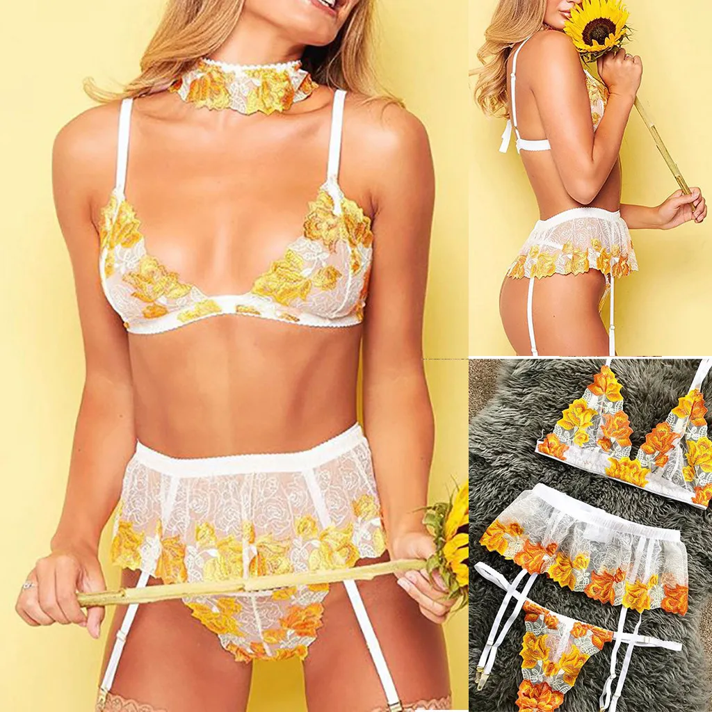 Women Lingerie Underwear Garters Three-piece Suite Sexy Lingerie Bra Briefs Set
