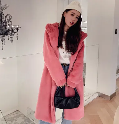 watermelon red Зимнее пальто из искусственного кроличьего меха, Женское зимнее длинное пальто большого размера с капюшоном, Толстая теплая куртка из искусственного меха, женское свободное плюшевое пальто 426 - Цвет: watermelon red