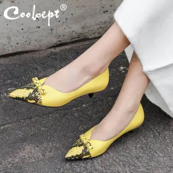 

Coolcept 2020 Ladies Real Leather Snakeskin Pattern Pumps Spring Bowtie Pointed Toe Fashion Shoes Women Work Pumps Size 34-39