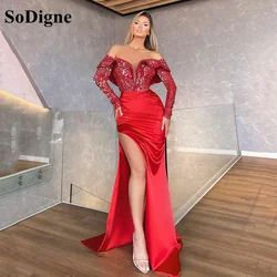 SoDigne Glitter Sequin Evening Dress Red Off The Shoulder Long Sleeves Dubai Formal Dress Side Split Women Party Gowns