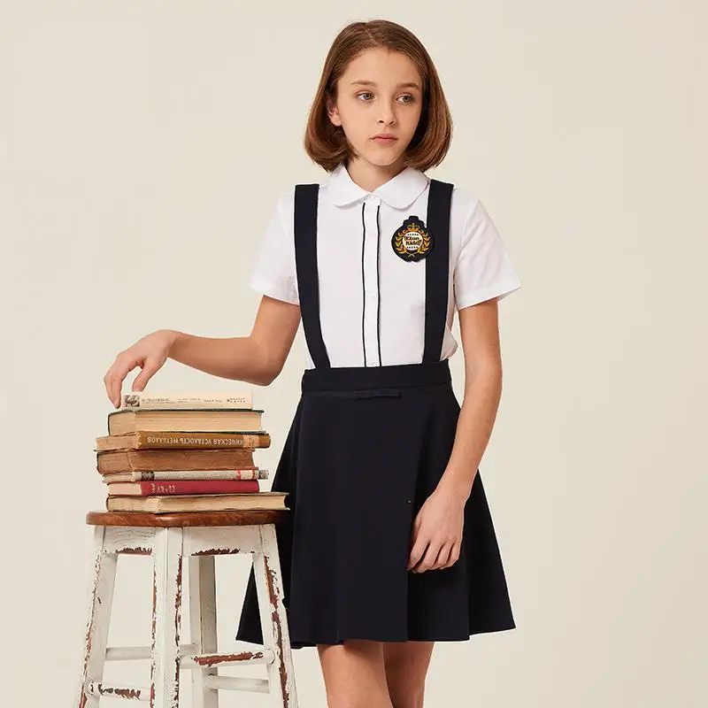 

British Style School Formal Girls Short Sleeve Turnover Collar 2019 Spring New Cotton Solid Color Student White Uniform