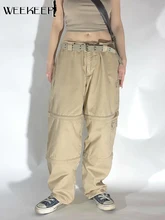 Weekeep Women Oversized Straight Cargo Pants Vintage Fashion High Waist Baggy Big Pocket Patchwork Wide Leg Pants Y2k Aesthetic