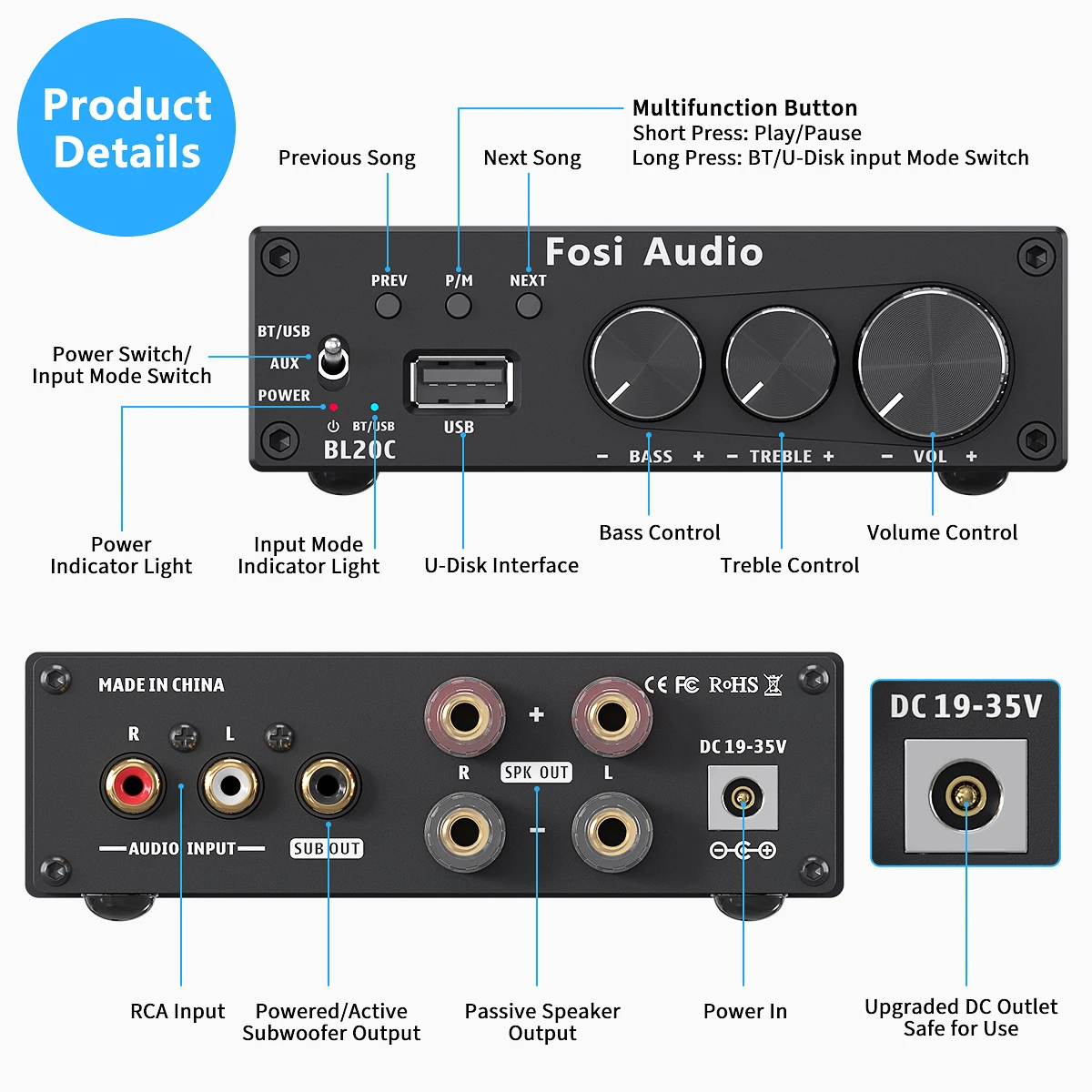 Receptor de Áudio de Alta Bl20c com Fonte de Alimentação Fosi Áudio Bluetooth 2.1 Fidelidade Amplificador Mini Classe d Amp U-disk Player 160w x2 32v 5.0 - Image 3
