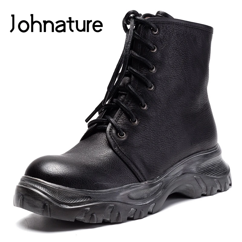 

Johnature Ankle Boots For Women Genuine Leather Zipper Round Toe Flat With 2019 New Autumn Winter Platform Boots Women Shoes
