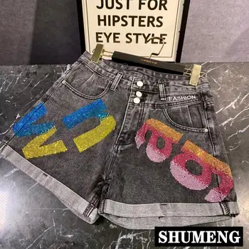 

2020 Summer New High Street Cool Color Hot Drilling Letter Embroidery Three-Point Denim Shorts Female High Waist Jeans Shorts