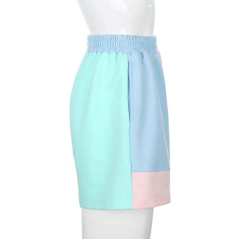Kpop Macaron Colorblock Elastic High Waist Casual Straight Shorts Summer Activewear Women Loose Cute Sports Shorts
